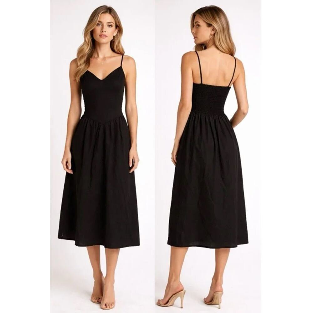 Christian Lacroix Women's V-Neck Midi Length Linen Smocked Dress Black Sz L NEW